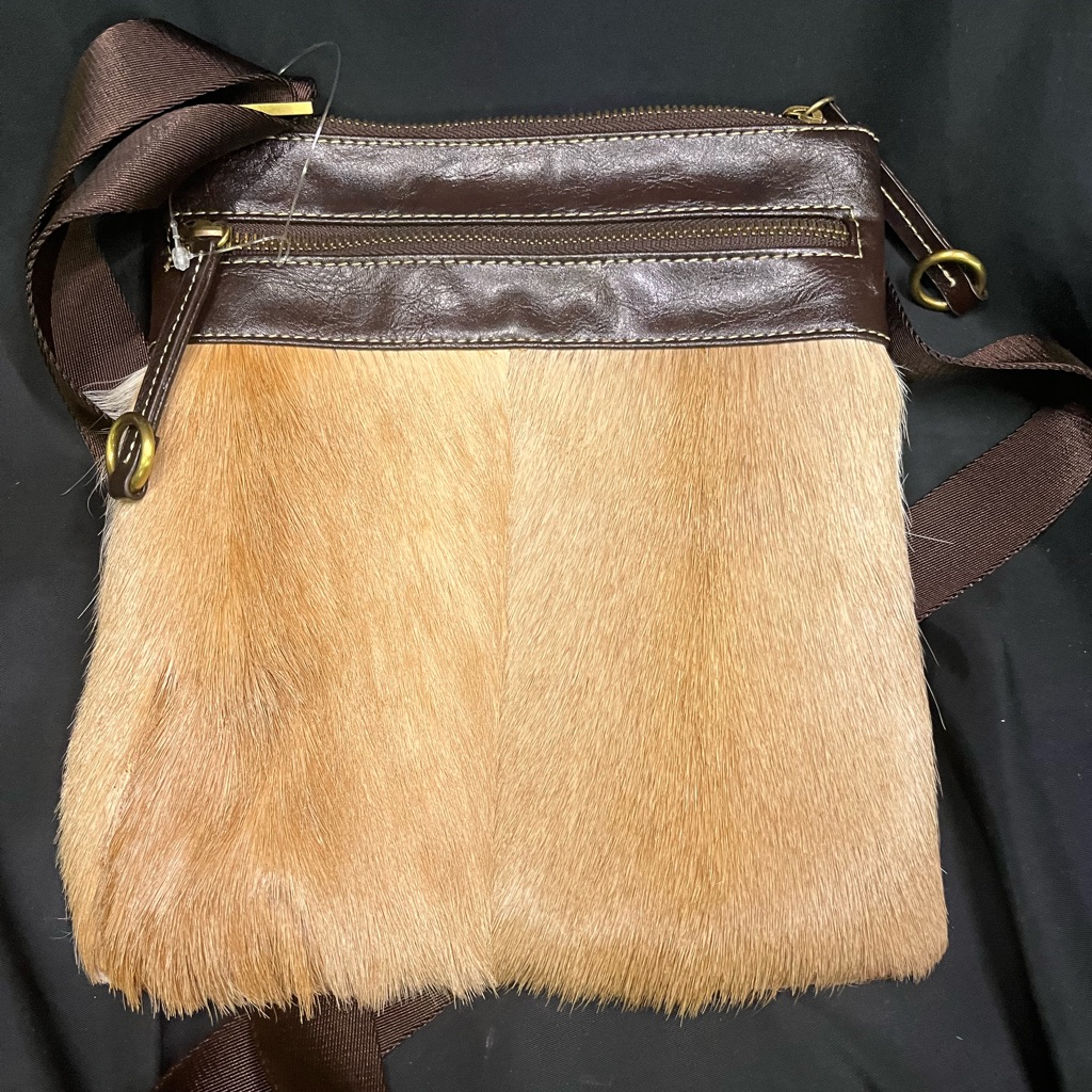 Y2k Era Diane Gail Springbok Fur Flat Statement Flat Shoulder Bag, Tan & O-White
